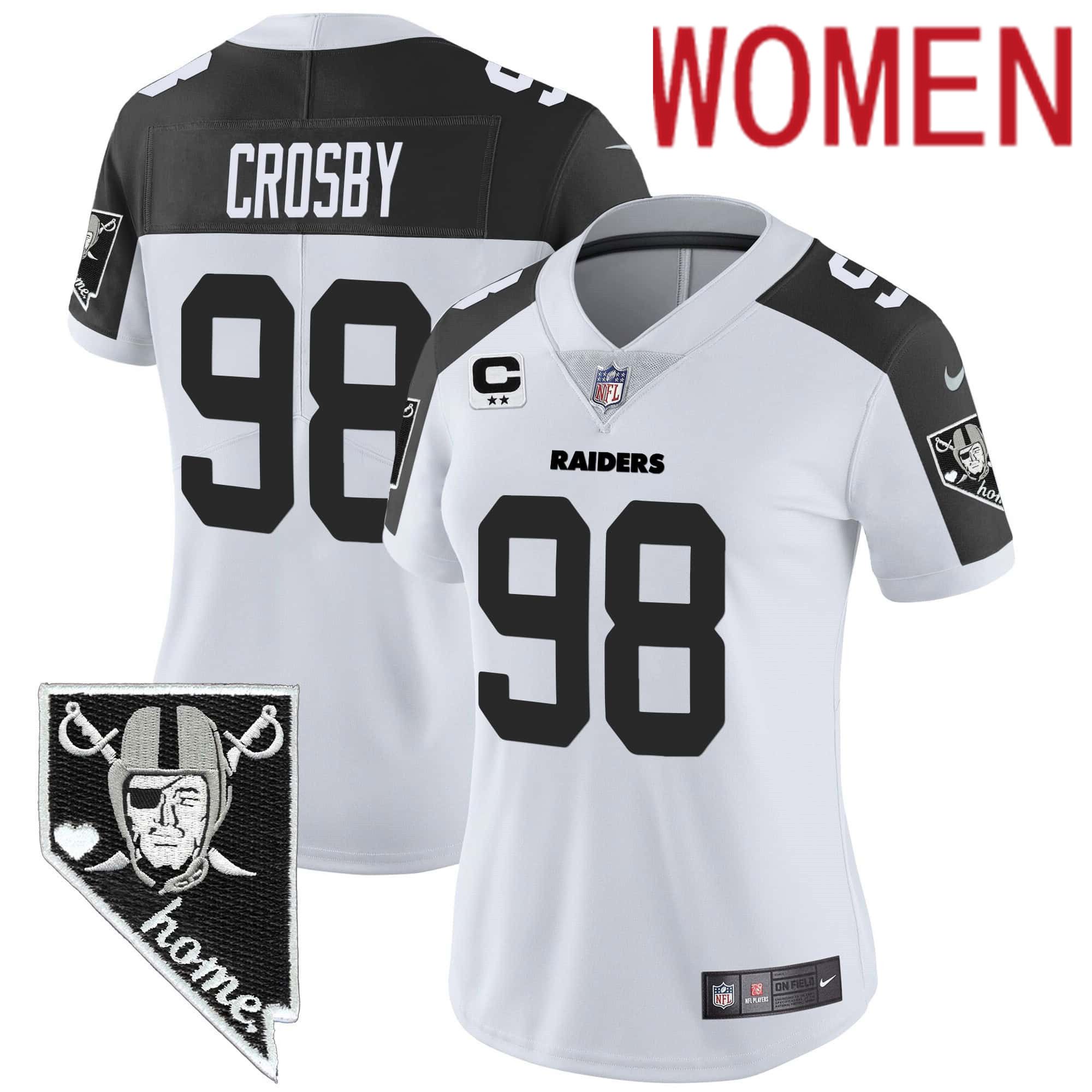 Women Oakland Raiders 98 Crosby White 2024 Nike Nevada Home Patch Vapor NFL Jersey style 1